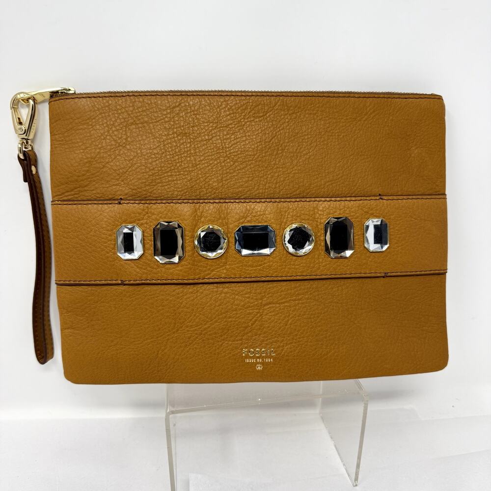 FOSSIL Leather Embellished Wristlet Clutch Cognac Brown Zip Pouch
